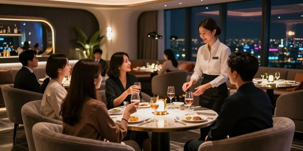 강남타이밍 고급 유흥업소 내부 모습, 아늑한 조명이 있는 프라이빗 룸에서 손님들과 대화하는 호스트 모습.