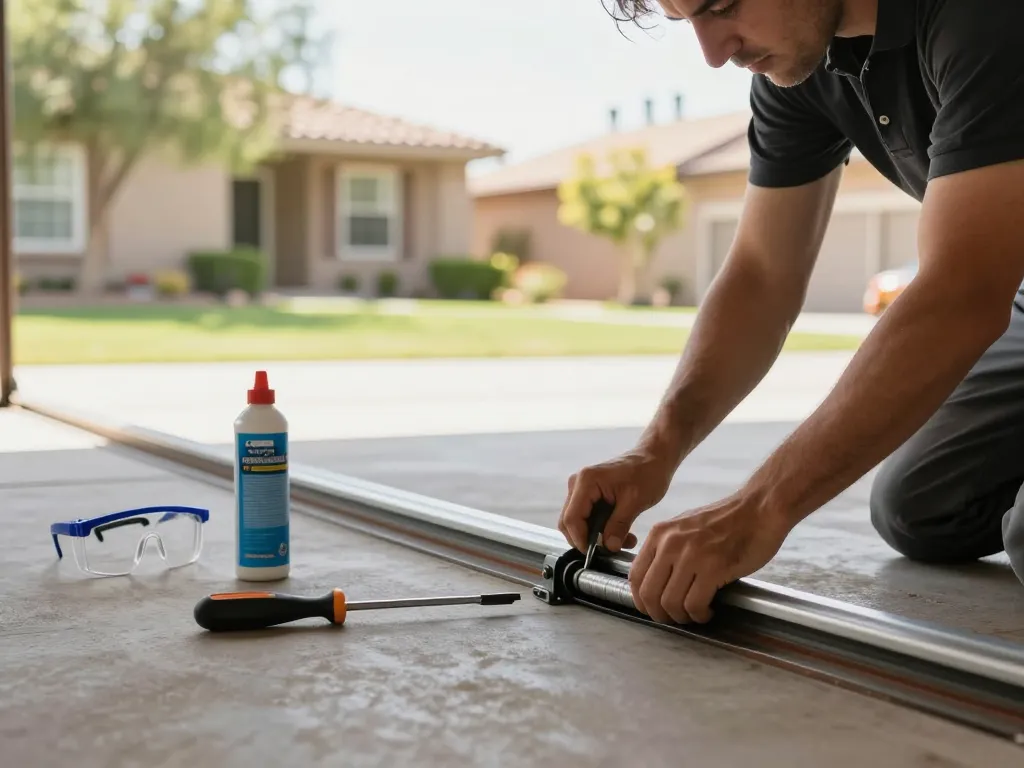 Expert technician performing garage door maintenance Scottsdale AZ in a bright residential garage.