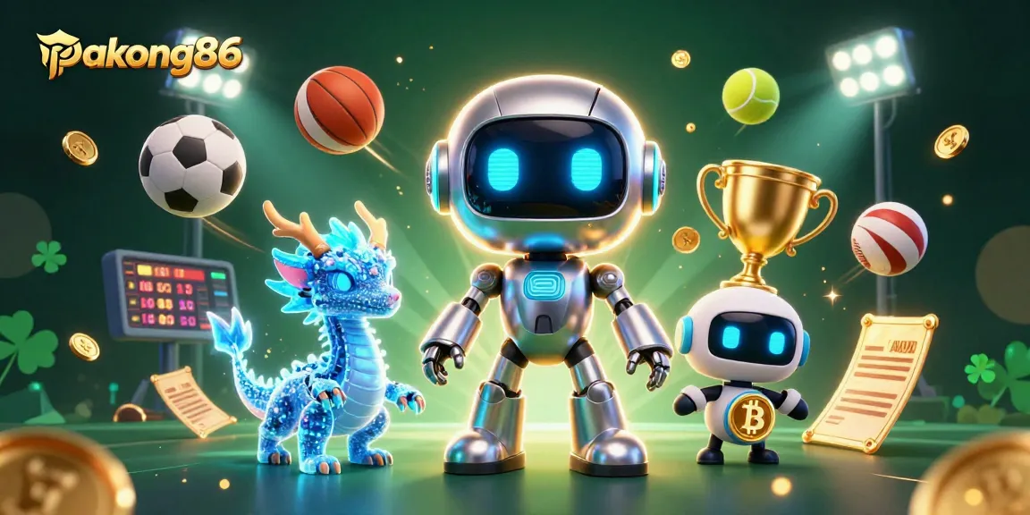 pakong86 presents an exciting scene with a robot, AI dragon, and drone amidst vibrant gambling elements