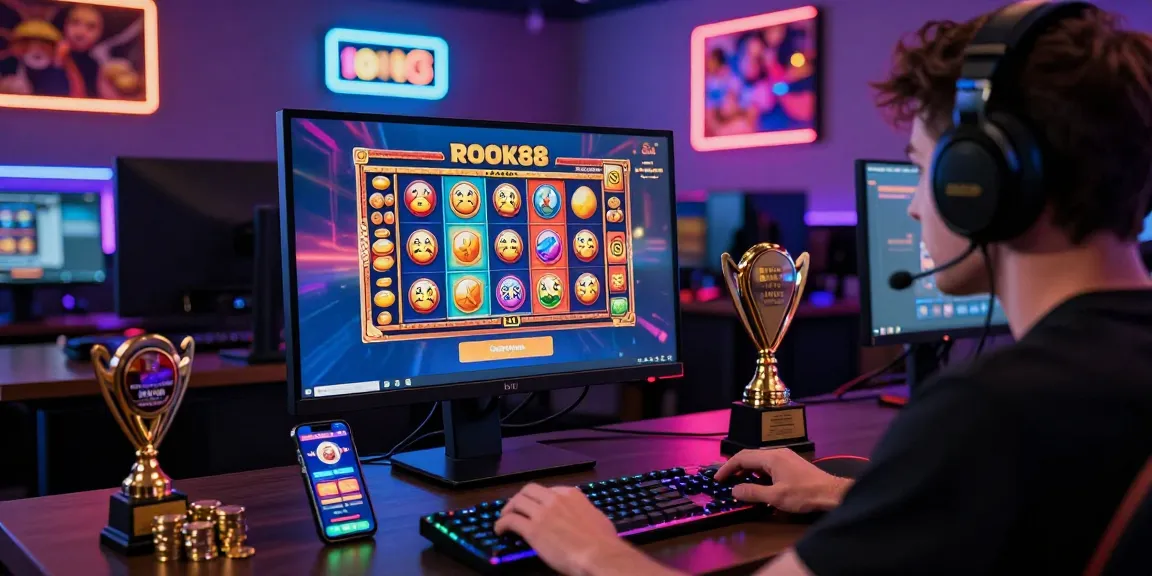 Player engaging with rokok88 slot login on a vibrant gaming interface, surrounded by accessories