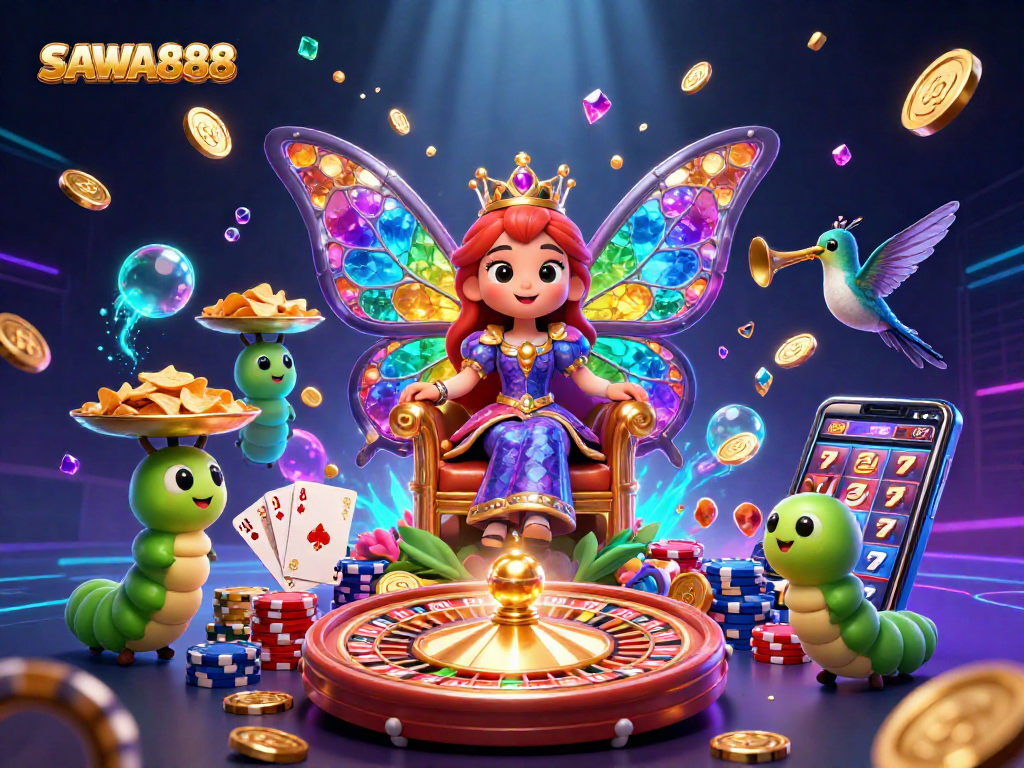 Experience exciting gaming with SAWA888, featuring vibrant butterfly queen characters and casino elements.