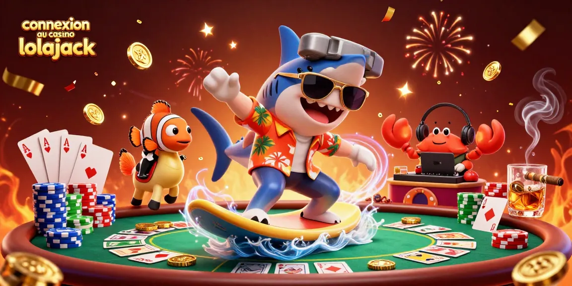 Enjoy the vibrant scene of a shark and friends celebrating at a casino with connexion au casino lolajack.