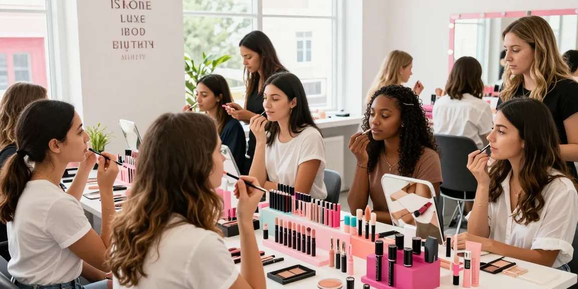 Natural makeup application scene with women using wholesale make up products in a vibrant studio.
