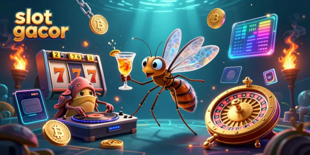 Slot gacor menampilkan maskot kasino bertema seru dengan elemen slot dan koin crypto 3D.