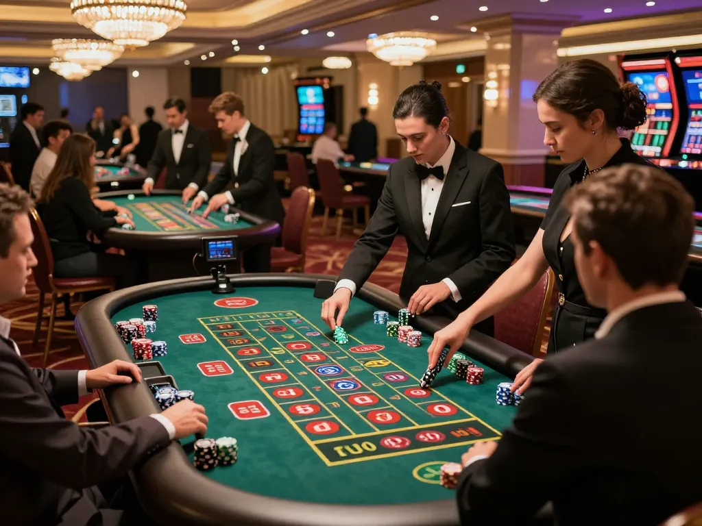 Players at lc88 casino placing exciting bets at roulette tables under crystal chandeliers.