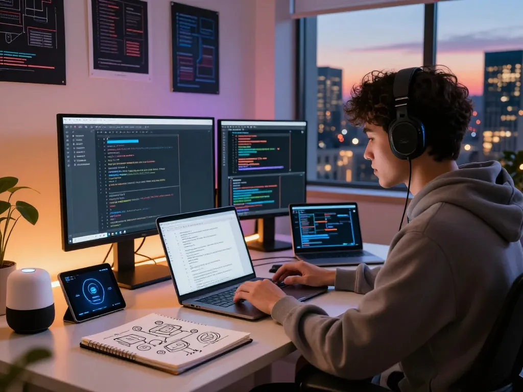 Moltbot AI developer workspace with coding tools and vibrant city view at dusk.