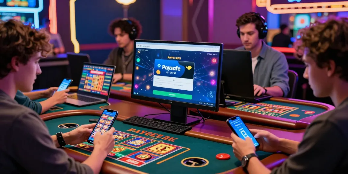 Dynamische Szene von Spielern in einem Paysafe Card Casino, die in einer festlichen Umgebung mit Casinospielen auf Smartphones und Laptops interagieren.