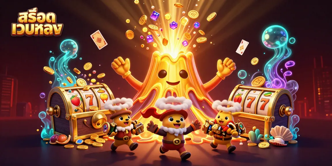 Engage with สล็อตเว็บตรง through a vibrant 3D scene showcasing exciting slot elements and treasures.