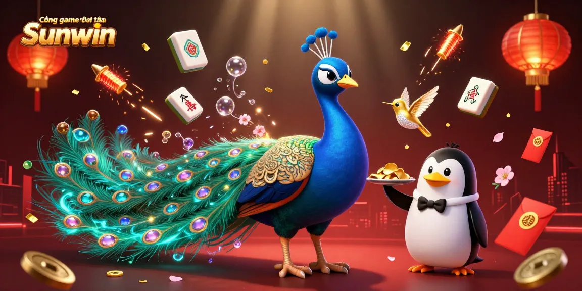 Cổng game bài đổi thưởng Sunwin present a vibrant casino scene featuring a peacock, a penguin, and dynamic game elements around them.
