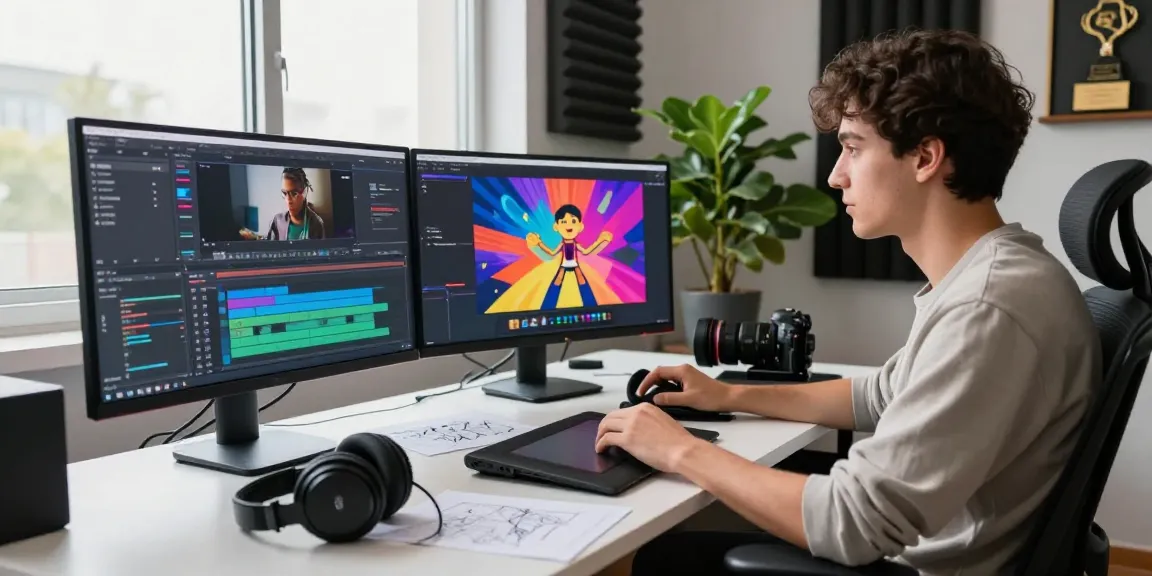 Creative video editing and animation course in an inspiring workspace, showcasing an engaged editor working with vibrant software and creative tools.
