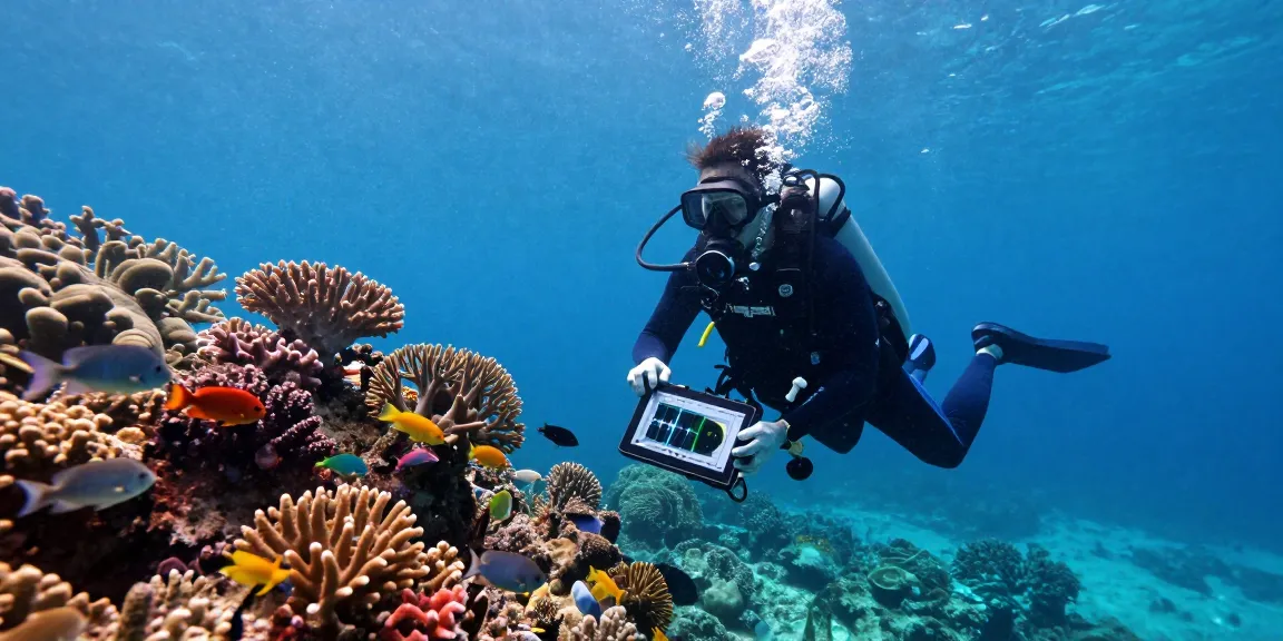 Marine biologist using a hydrophone to record underwater sounds, surrounded by vibrant coral and fish.
