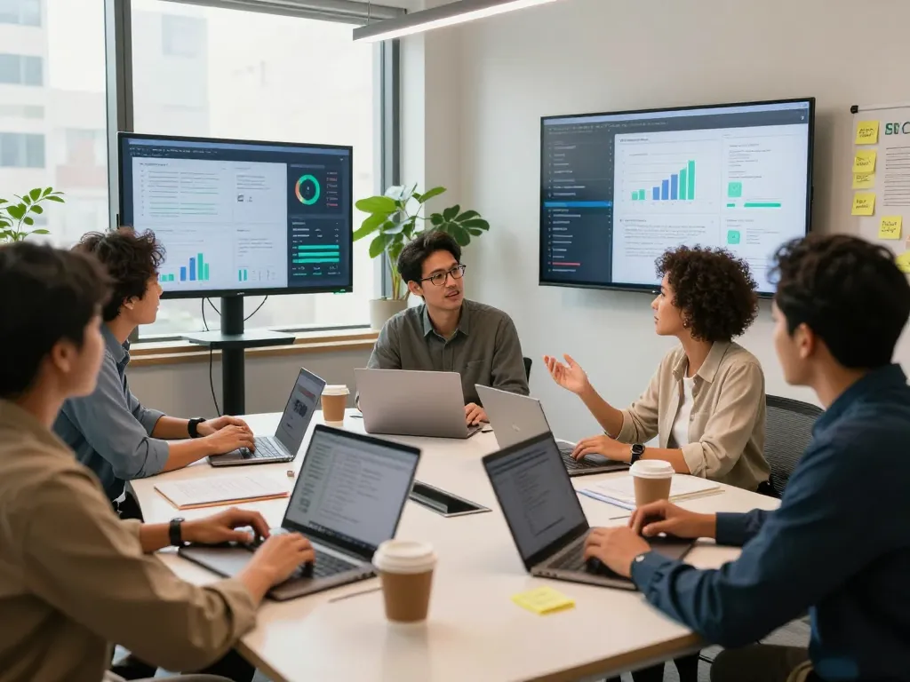 NYC SEO Company team brainstorming strategies in a modern office setting