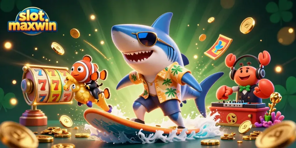 Experience the excitement of slot maxwin with this vibrant sea party illustration featuring playful characters and winnings.