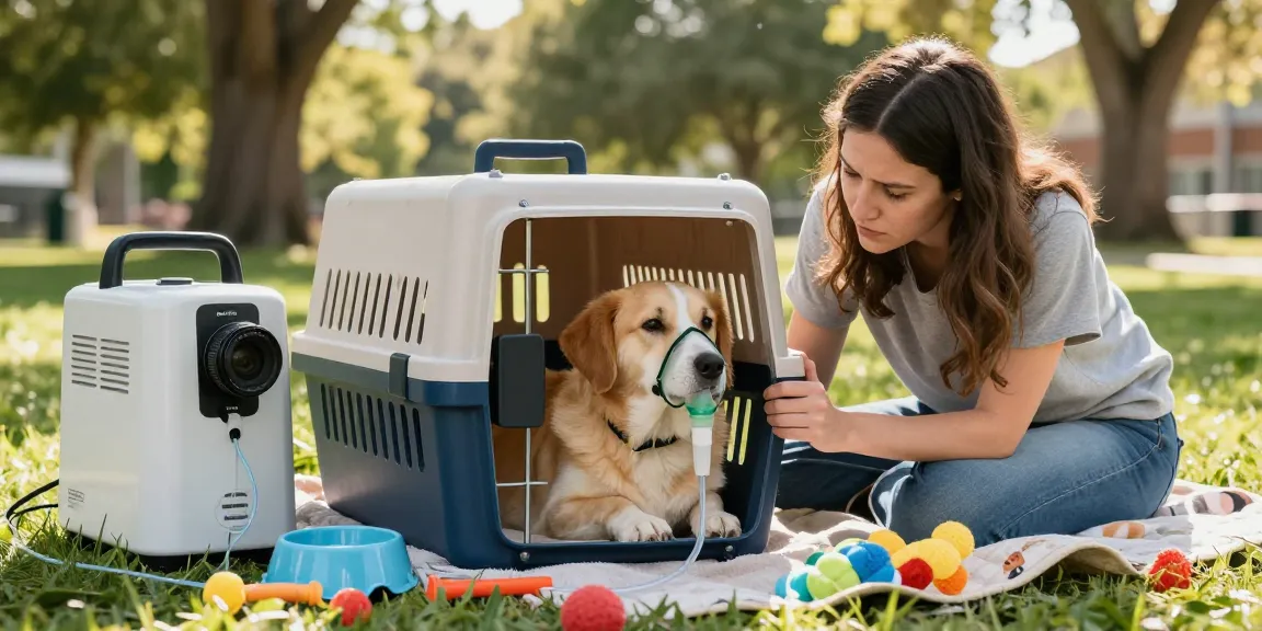 Pet owner using a portable oxygen concentrator and accessories for their pet's therapy at https://www.petair.hk/en/ in a sunny park.