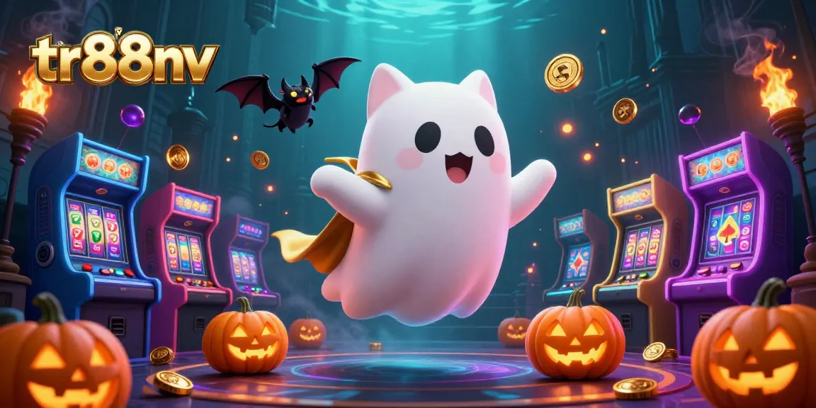 Experience tr88nv's haunted casino adventures with a floating ghost cat and vampire bat!