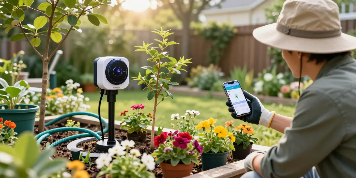 Gardener using RainPoint automatic watering system to maintain lush garden with precise moisture control and smart irrigation.