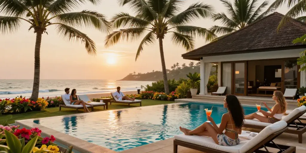 Goa escorts enjoying a luxurious sunset by the villa pool