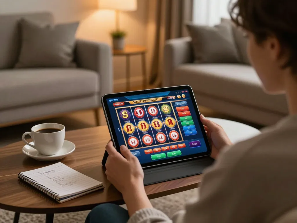 Open88 player enjoying an online slot game on tablet in a cozy home setting