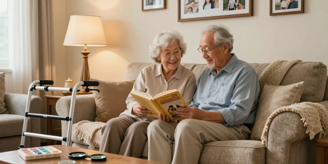 Cozy living room scene showcasing elderly couple with 老人用品, including a pill organizer and large-print book.