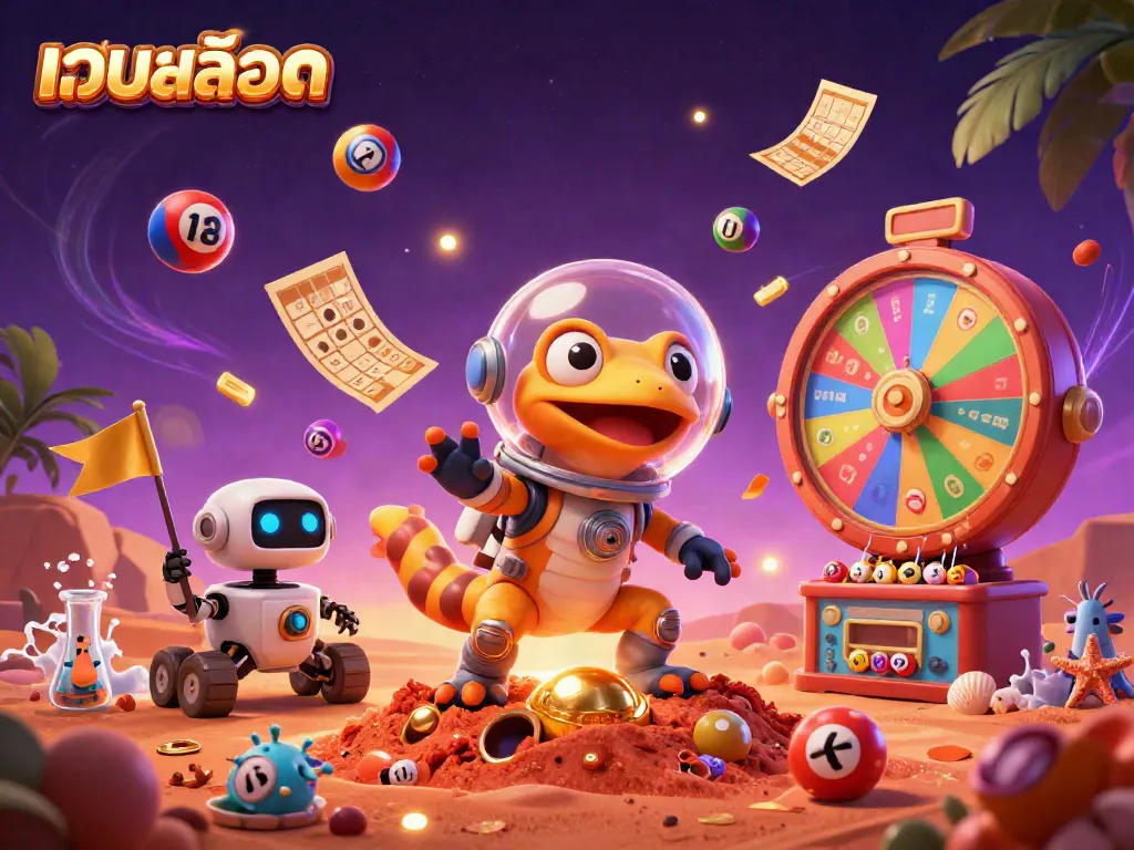 Experience the thrill of เว็บสล็อต in a vibrant 3D illustration featuring a Martian gecko and casino elements.