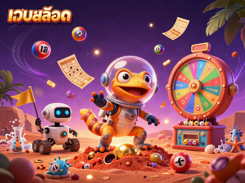 Experience the thrill of เว็บสล็อต in a vibrant 3D illustration featuring a Martian gecko and casino elements.