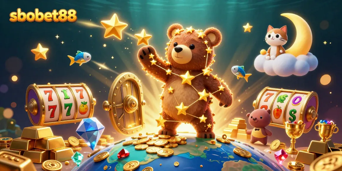 Experience sbobet88 with a dynamic scene of slot symbols and cosmic characters in vibrant colors.