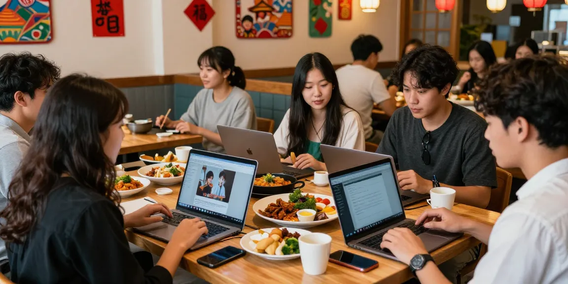 Engaged group exploring Asian culture on https://hanadultalk.com in a cozy cafe setting.