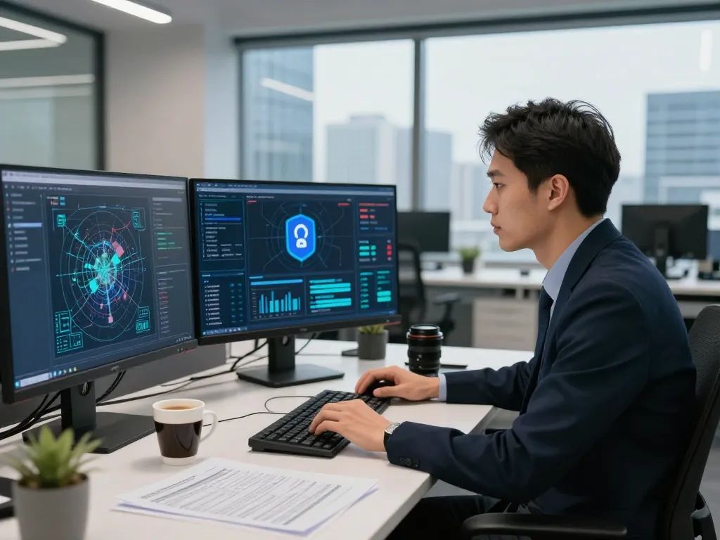 Cybersecurity analyst tackling security challenges in a modern office with multiple monitors and threat data.