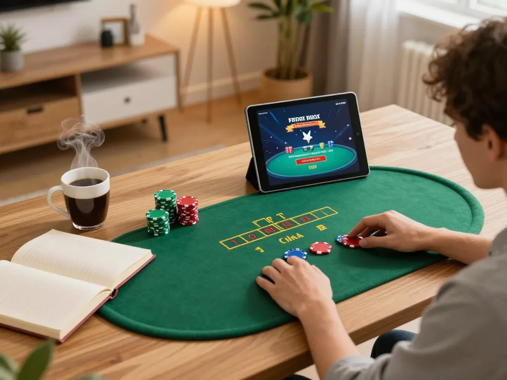 Player strategizing at 678vip online poker table, showcasing tablet and notes in warm home setting.