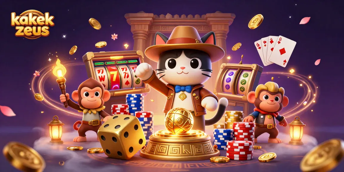 kakek zeus wins big at the slot machine with a jackpot, golden coins cascading around