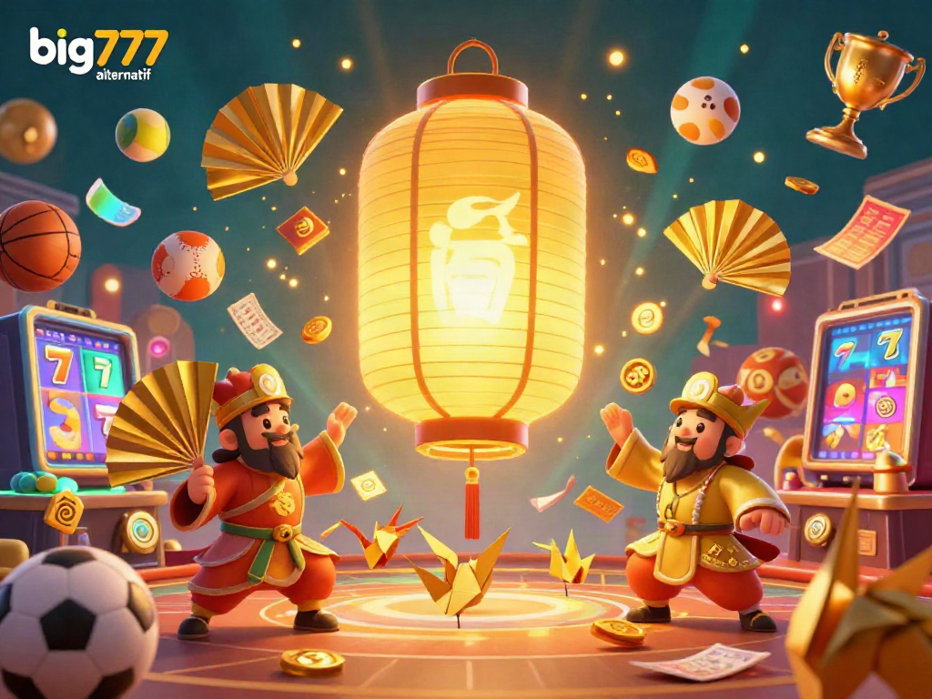 Experience the excitement of big777 alternatif through a vibrant casino scene featuring a glowing lantern spirit and dynamic 3D game elements.