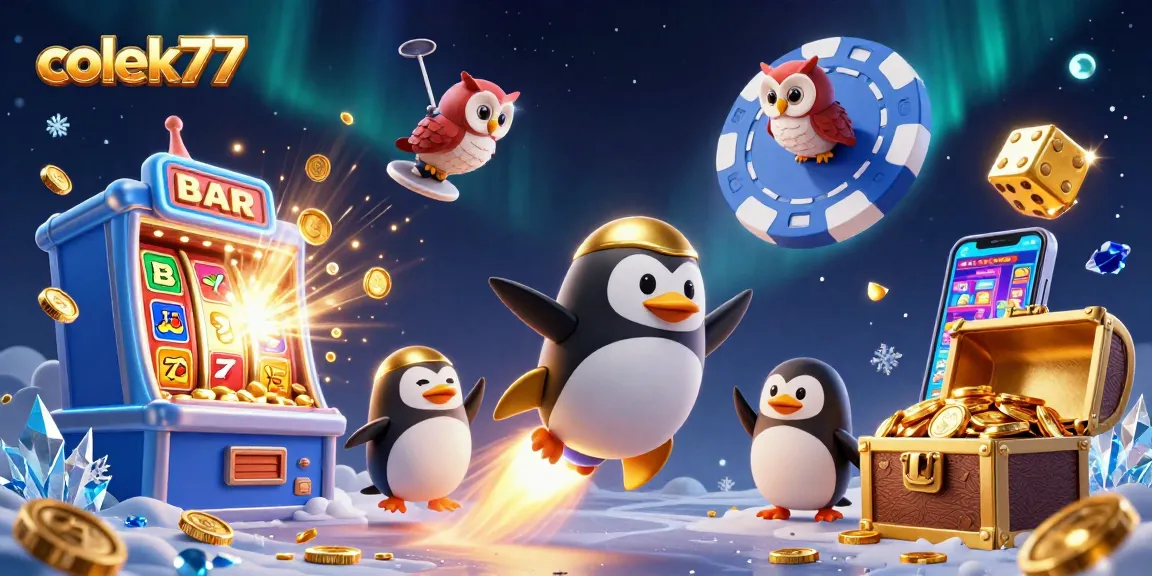 Experience the thrill of colek77 with a vibrant casino-themed 3D scene featuring a golden penguin and jackpot elements.