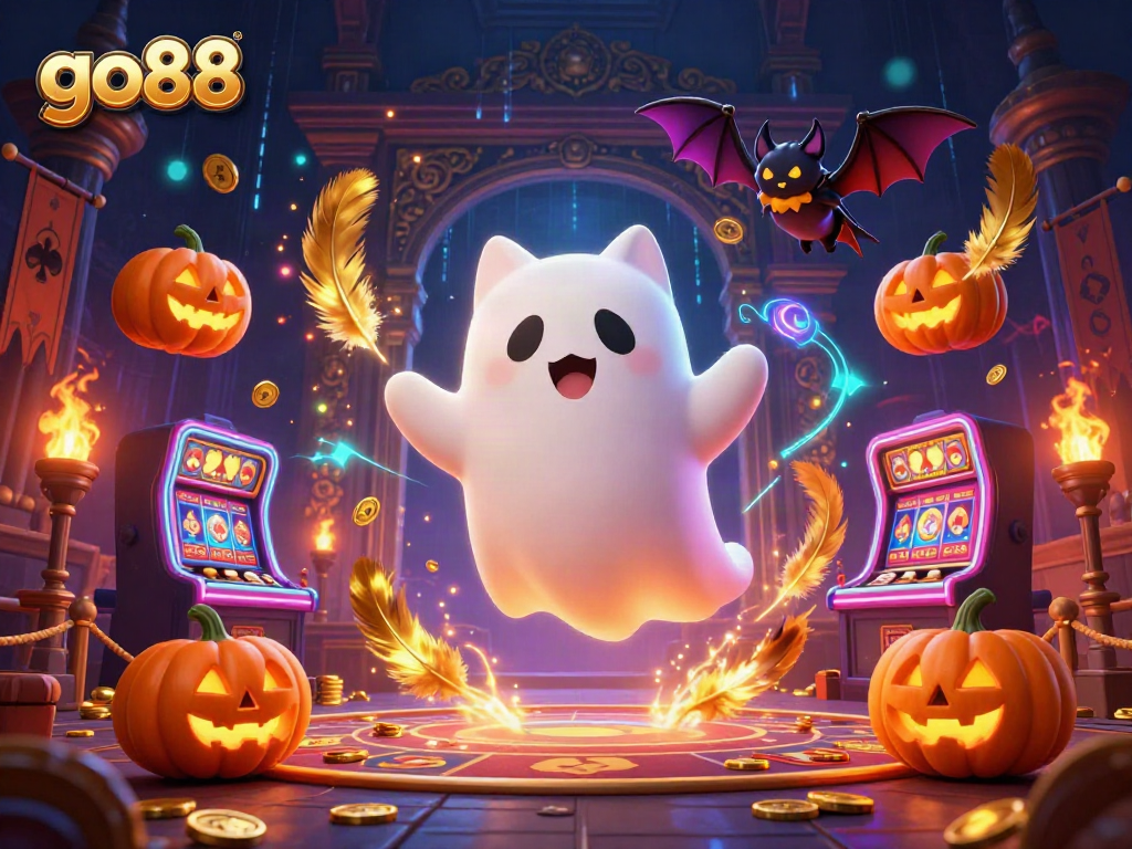 Play go88 with exciting casino elements featuring a friendly ghost cat and vampire bat.