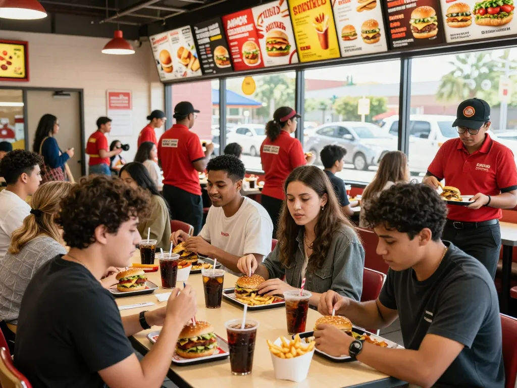 Fast food prices displayed in a lively restaurant setting with customers enjoying meals.