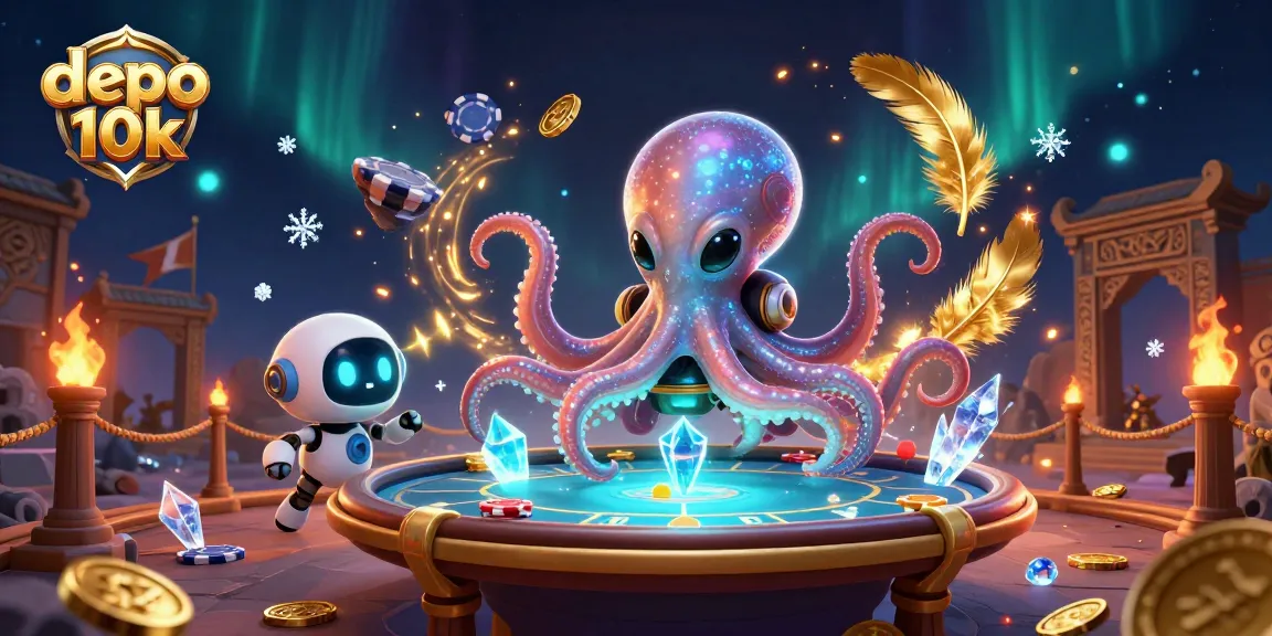 Engage with the exciting world of depo 10k through a vibrant 3D illustration showcasing a cartoon alien octopus at a poker table.