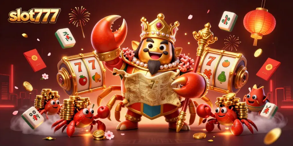 Permainan slot777 dengan karakter kepiting emas dan simbol keberuntungan, menyajikan pengalaman kasino yang mengasyikkan.