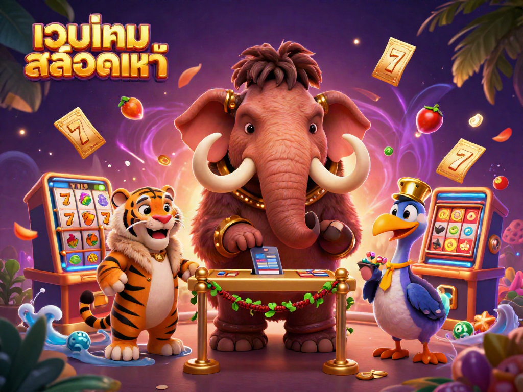Exciting 3D illustration showcasing the vibrant atmosphere of เว็บเกมสล็อตแท้ with cartoon characters and dynamic casino game elements.
