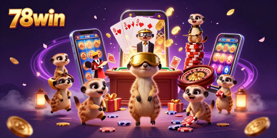 Experience the excitement of 78win with meerkats in a vibrant casino scene surrounded by games and treasures.