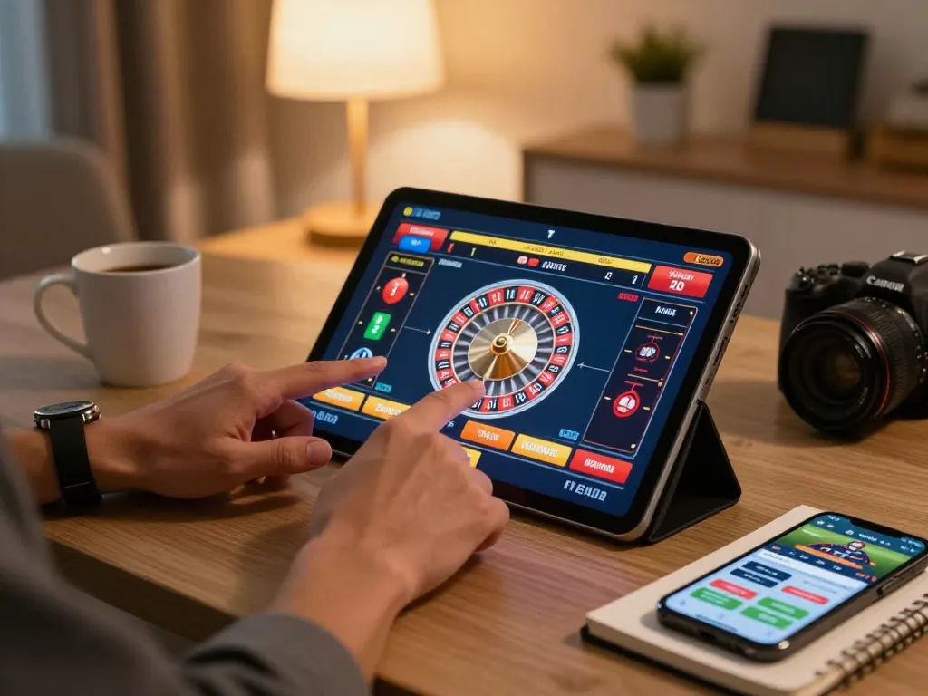 Engaging online gaming moment at 23win com with a vibrant roulette game displayed on a tablet, showcasing strategic betting.