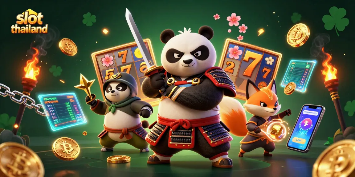 Engage in thrilling slot thailand adventures with dynamic samurai and ninja characters amidst vibrant casino elements.
