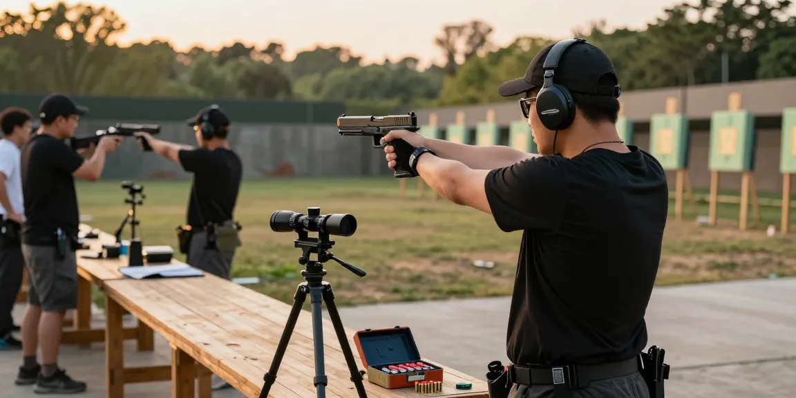 At https://precisionglockslides.com, a gun enthusiast practices precision shooting with a custom Glock slide at sunset.
