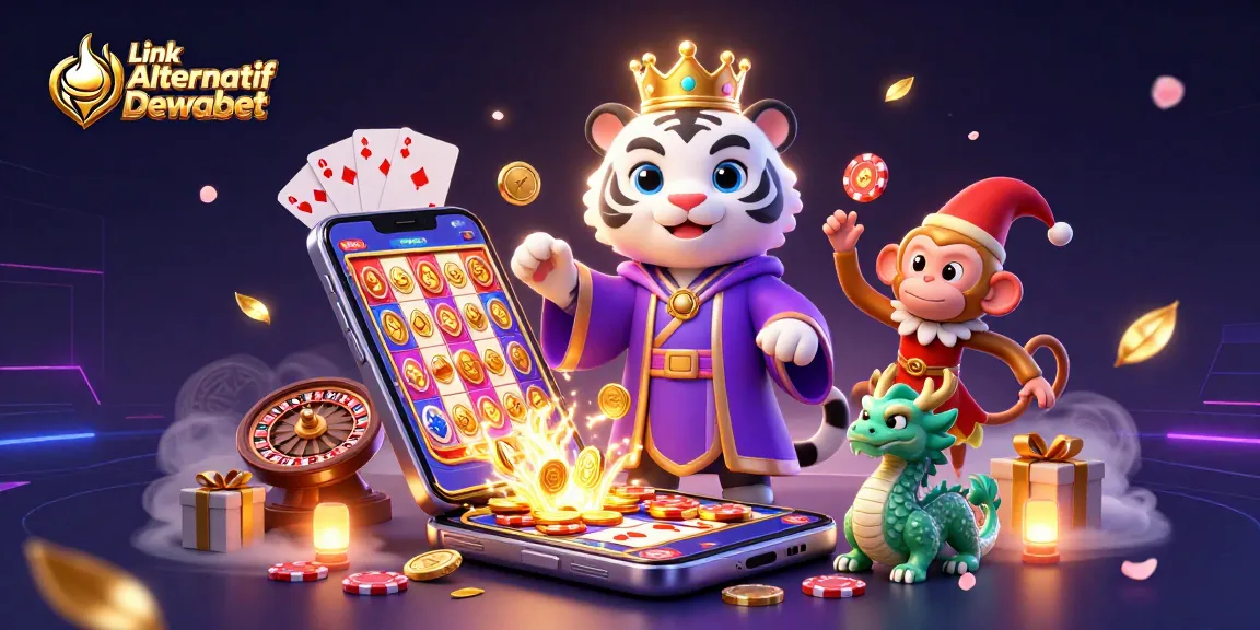 Engage in thrilling gaming with Link Alternatif Dewabet; vibrant scene of playful casino characters and games.
