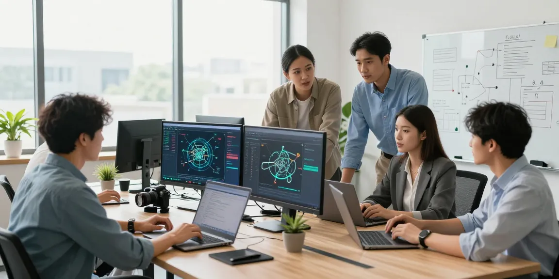 Dynamic IT business support team collaborating on projects with technology solutions in a modern office.