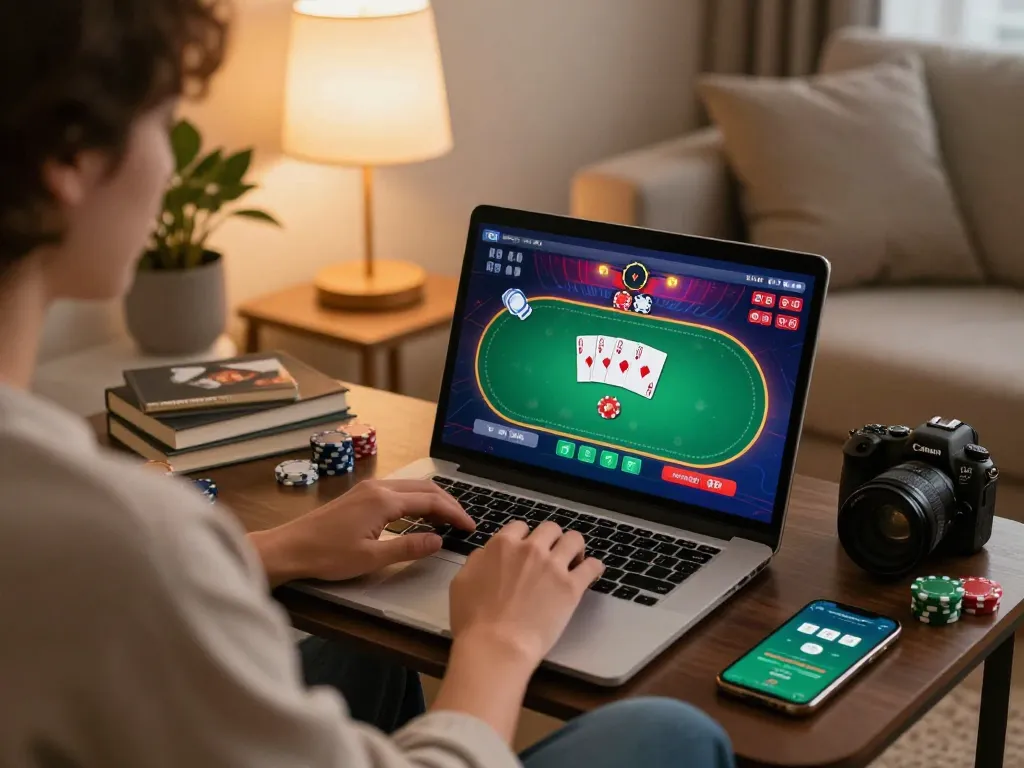 Player using mdg188 for online poker at home, featuring vibrant game interface and casual setting.