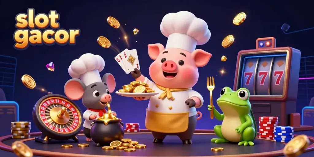 Engaging scene showcasing slot gacor with a pig chef serving gold coins, alongside a mouse and frog in a vibrant casino setting.