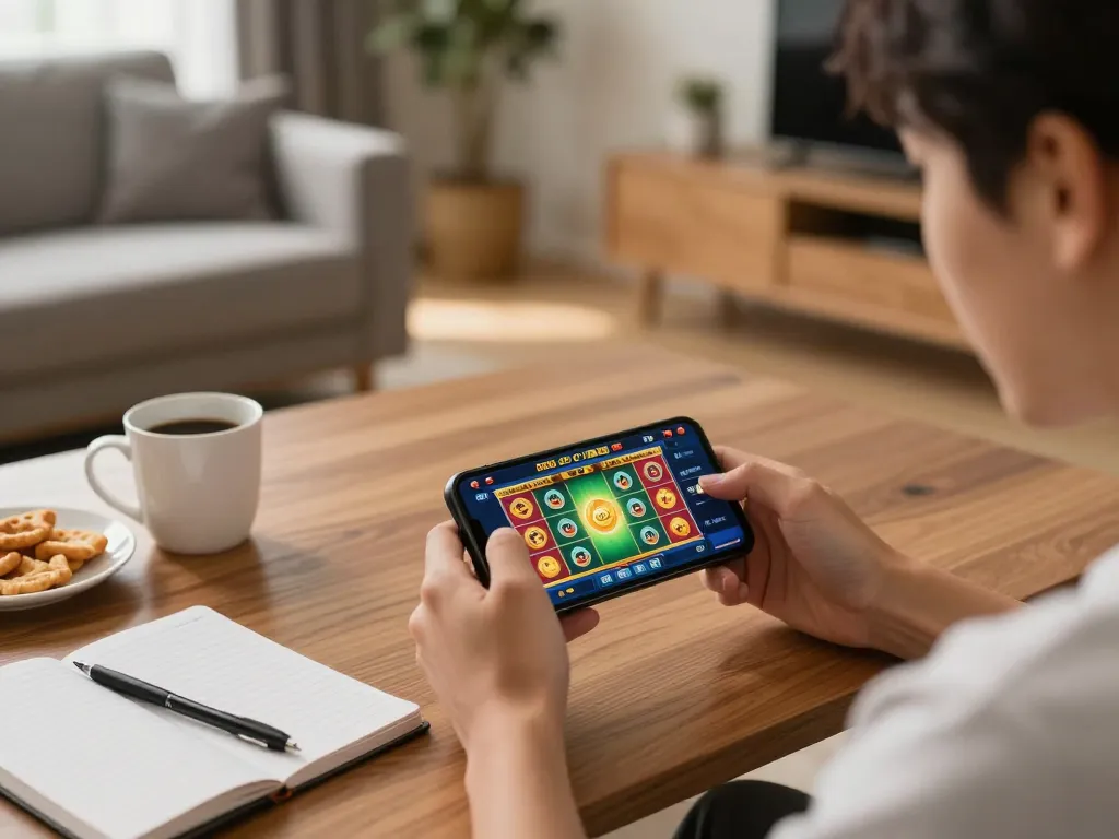 Player enjoying mobile gaming with slot depo 2k on smartphone, cozy home setting