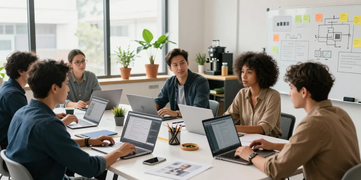 Freelancers collaborating in a workspace to strengh up your portfolio effectively, surrounded by laptops and brainstorming materials.