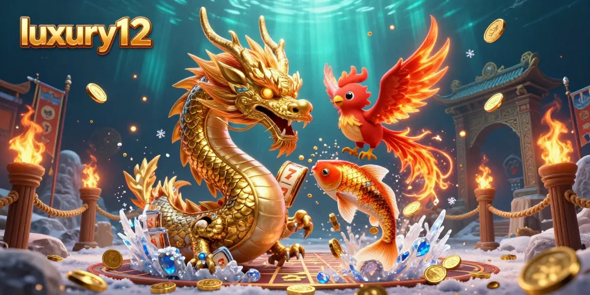 Experience the excitement of luxury12 with a fierce dragon and phoenix amidst slot game elements.