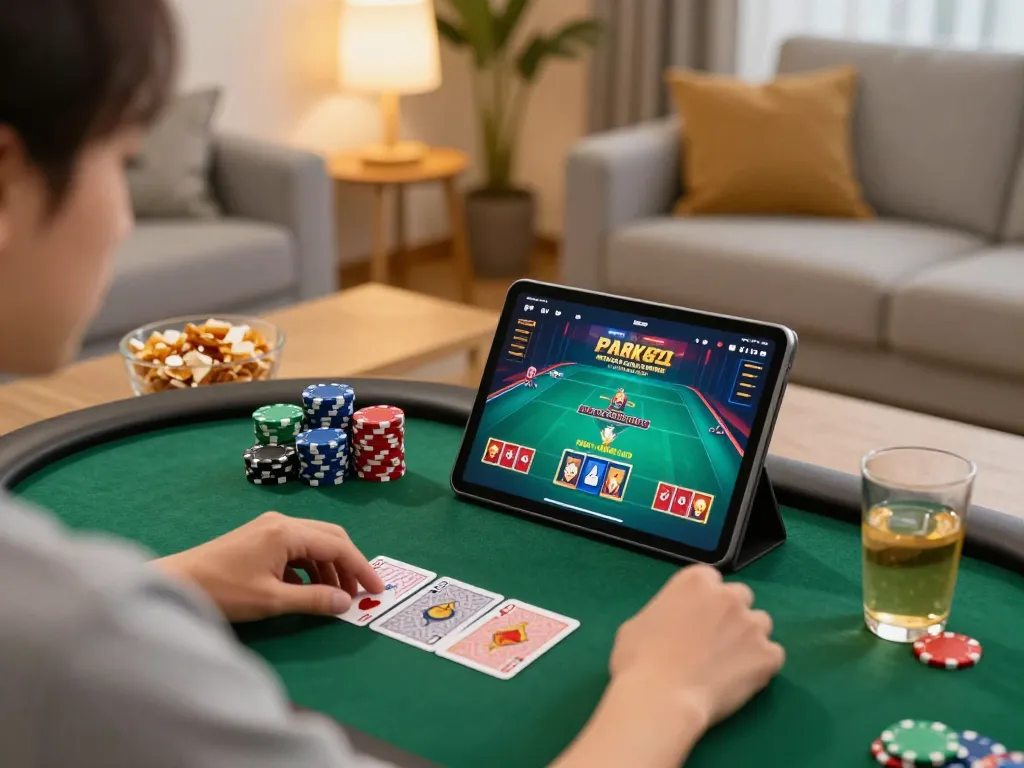 Engaging poker strategy session using RR88 SELECT tablet app with colorful chips and cozy surroundings.