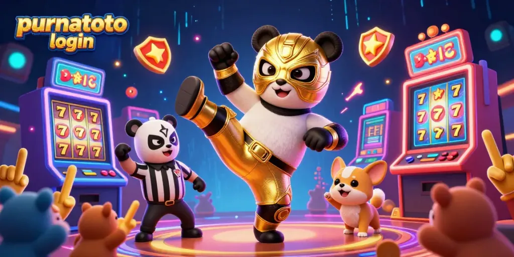 Gambarkan purnatoto login dengan panda pejuang melakukan tendangan sambil dikelilingi mesin slot ceria.